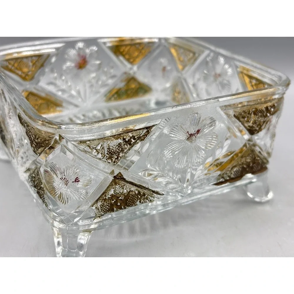 Vintage Crystal Glass Candy Dish‎ Footed Gold Gilt Floral Etched Decor